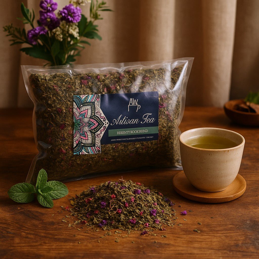 Tea package with a cup of tea on a wooden surface, featuring Artisan Tea brand.
