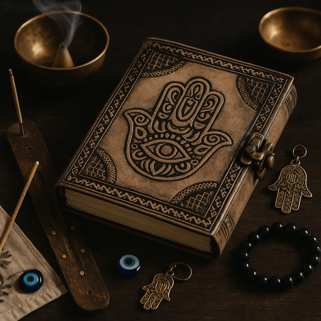 Antique Grey Leather Journal with Embossed Hamsa Hand Design - 200 Pages, Stitch Edge, 17.5x12.5x3cm, Vintage Artisanal Notebook with Clasp Closure for Protection and Good Fortune - SHAMTAM.COM