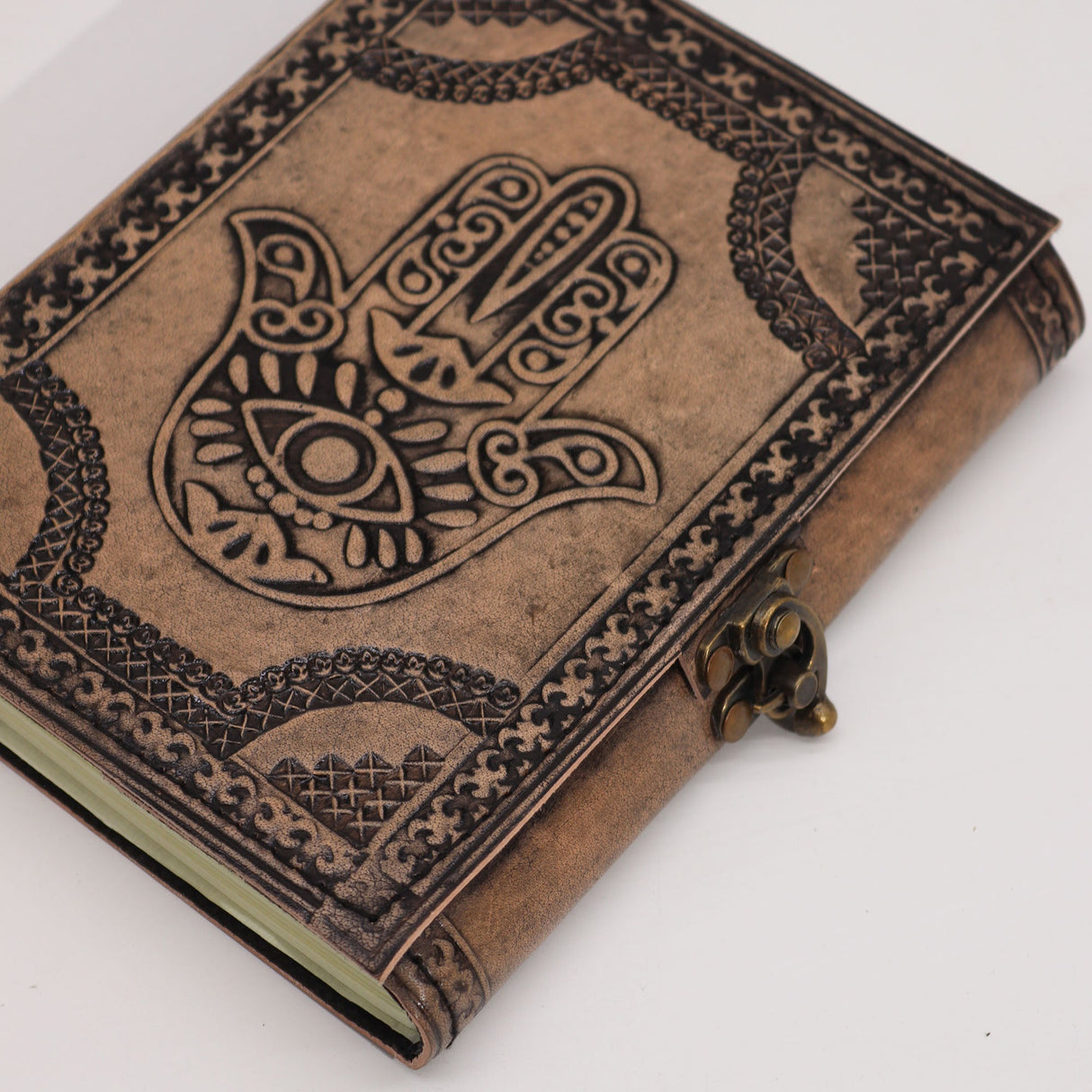 Antique Grey Leather Journal with Embossed Hamsa Hand Design - 200 Pages, Stitch Edge, 17.5x12.5x3cm, Vintage Artisanal Notebook with Clasp Closure for Protection and Good Fortune - SHAMTAM.COM