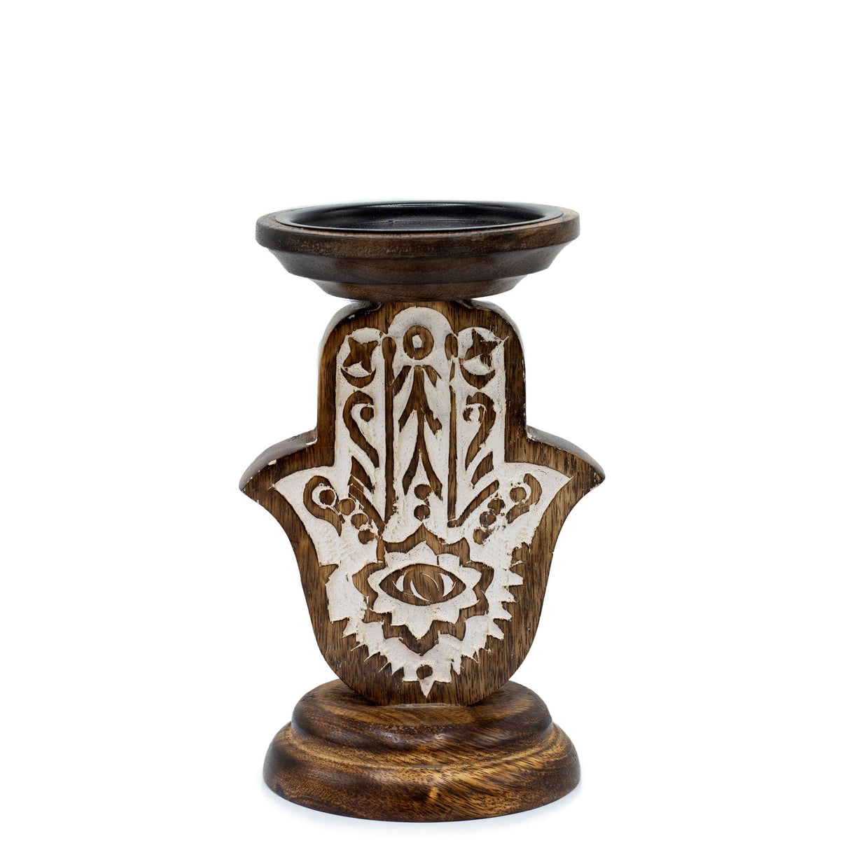 Eco - Friendly Mango Wood Hamsa Candle Stand with Intricate Carvings - Small 18x11cm - SHAMTAM.COM