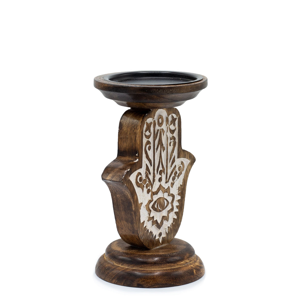 Eco - Friendly Mango Wood Hamsa Candle Stand with Intricate Carvings - Small 18x11cm - SHAMTAM.COM