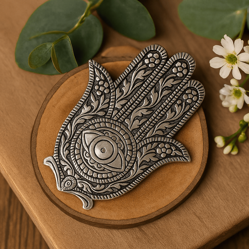 Hamsa Hand Incense Holder Polished Aluminium 14cm - SHAMTAM.COM