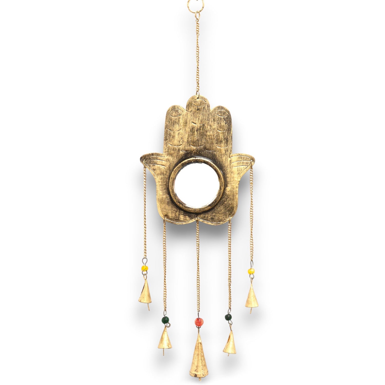 Elegant Hamsa Hand Mirror Wind Chime with 5 Brass Bells - Handcrafted Indian Decor for Peace and Protection - SHAMTAM.COM