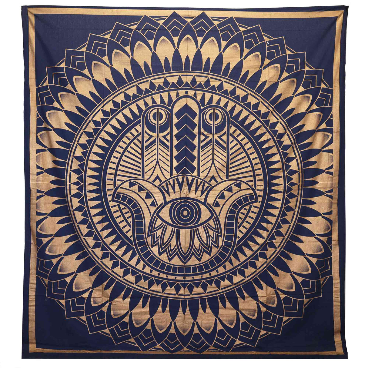 Elegant Blue Gold Hamsa Hand Tapestry - Double Cotton Bedspread & Wall Hanging for Home Decor - SHAMTAM.COM