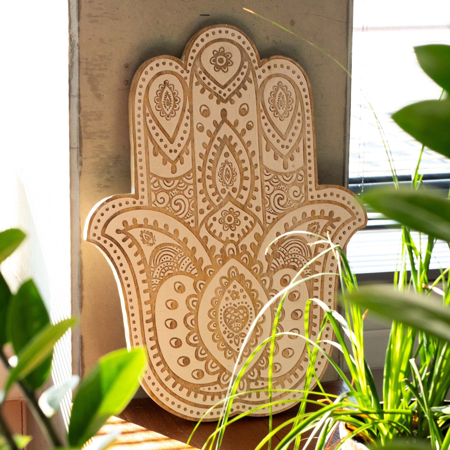 Mango Wood Hamsa Wall Plaque - Whitewash - SHAMTAM.COM