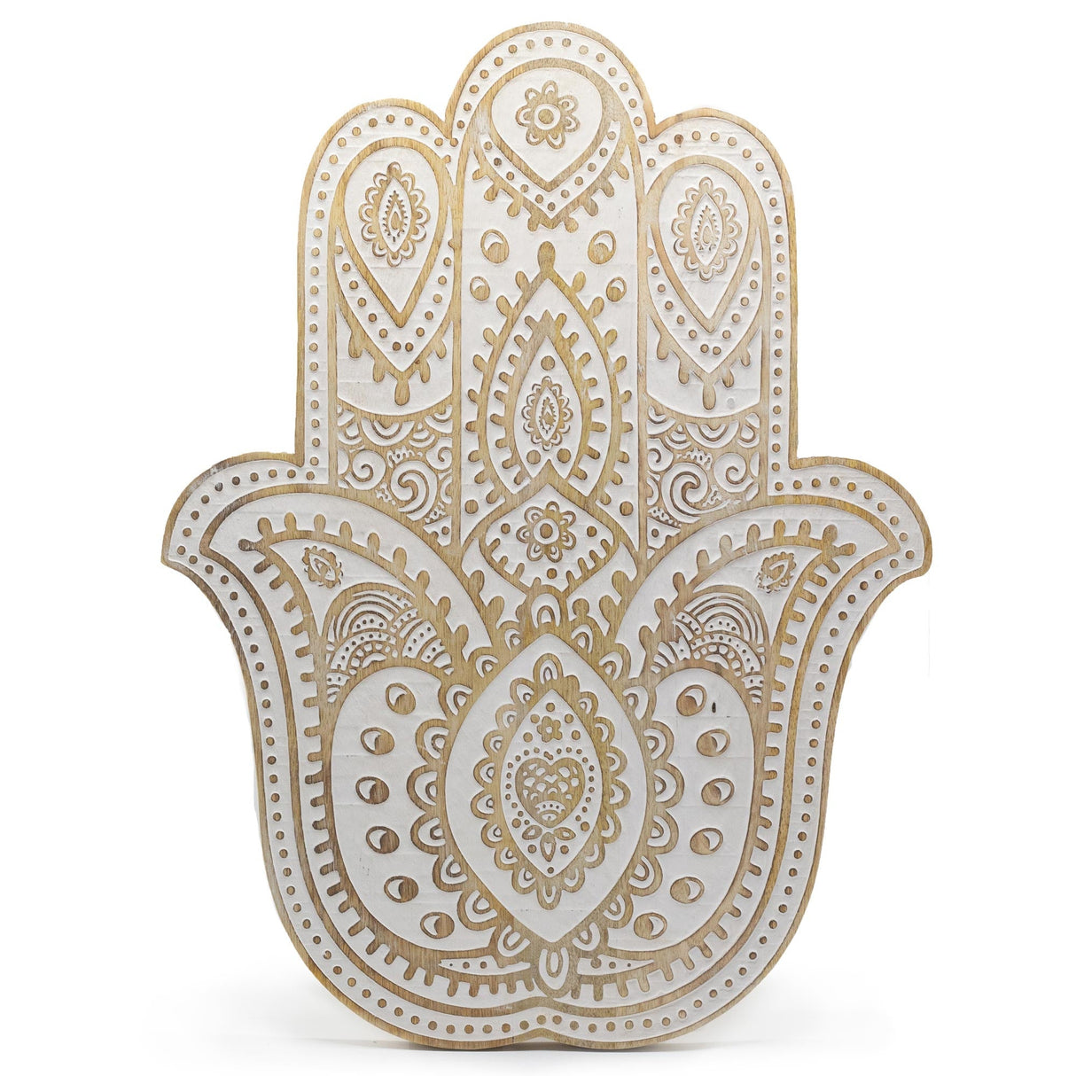 Mango Wood Hamsa Wall Plaque - Whitewash - SHAMTAM.COM