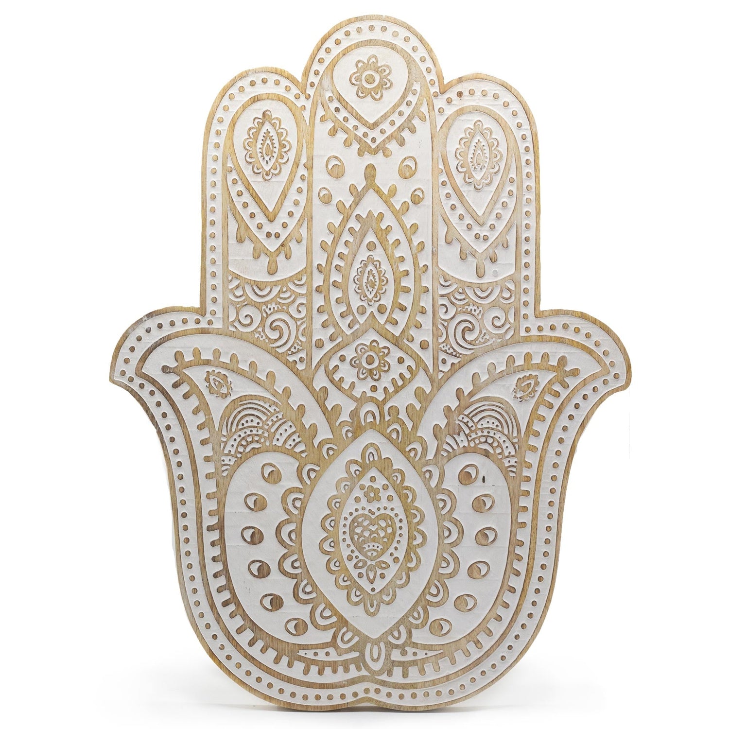 Mango Wood Hamsa Wall Plaque - Whitewash - SHAMTAM.COM