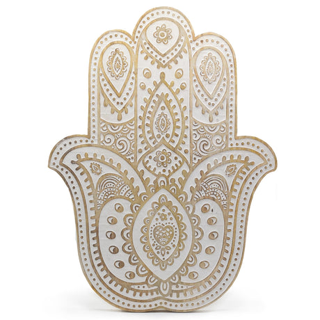 Mango Wood Hamsa Wall Plaque - Whitewash - SHAMTAM.COM