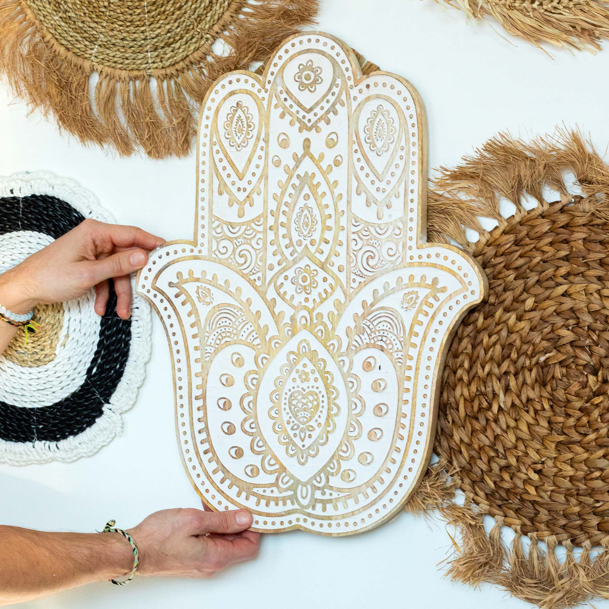 Mango Wood Hamsa Wall Plaque - Whitewash - SHAMTAM.COM