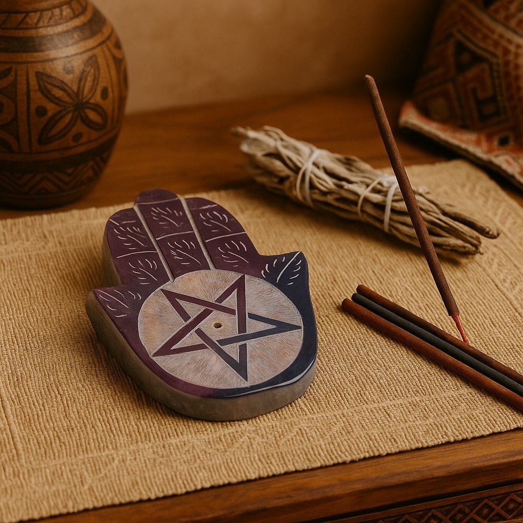 Hand-shaped incense burner with star design on a textured surface with incense sticks.