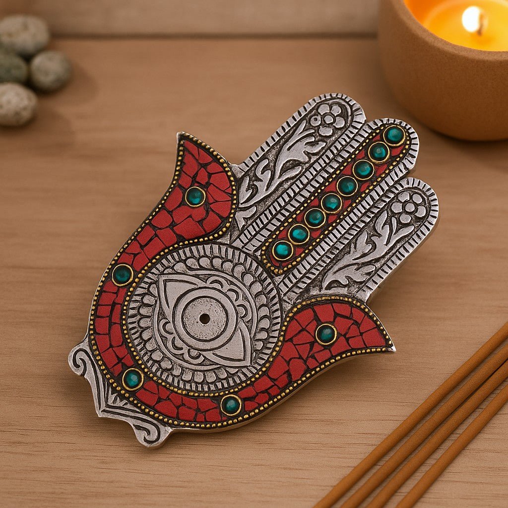 Hamsa Incense Holder, Small Red and Green - SHAMTAM.COM