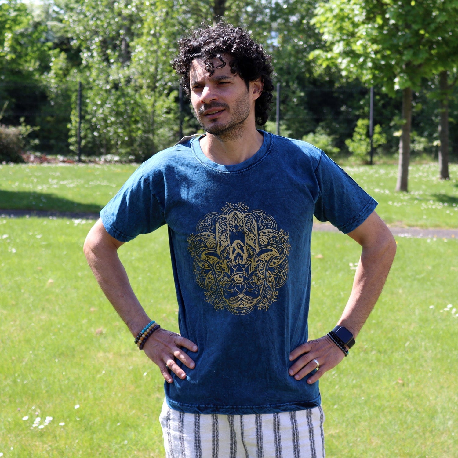 Medium Stone Washed T-Shirt - Hamsa - Blue - SHAMTAM.COM