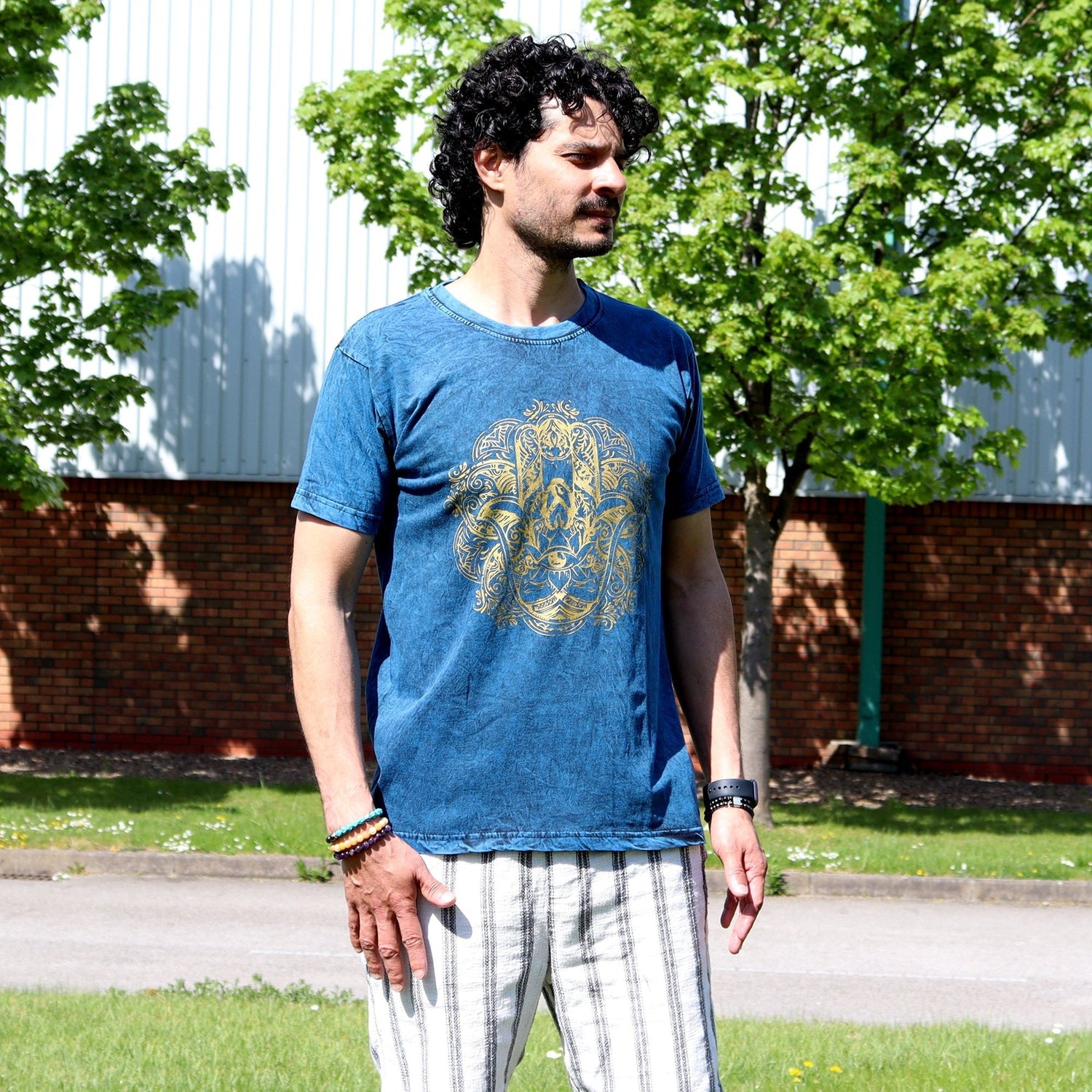 Medium Stone Washed T-Shirt - Hamsa - Blue - SHAMTAM.COM