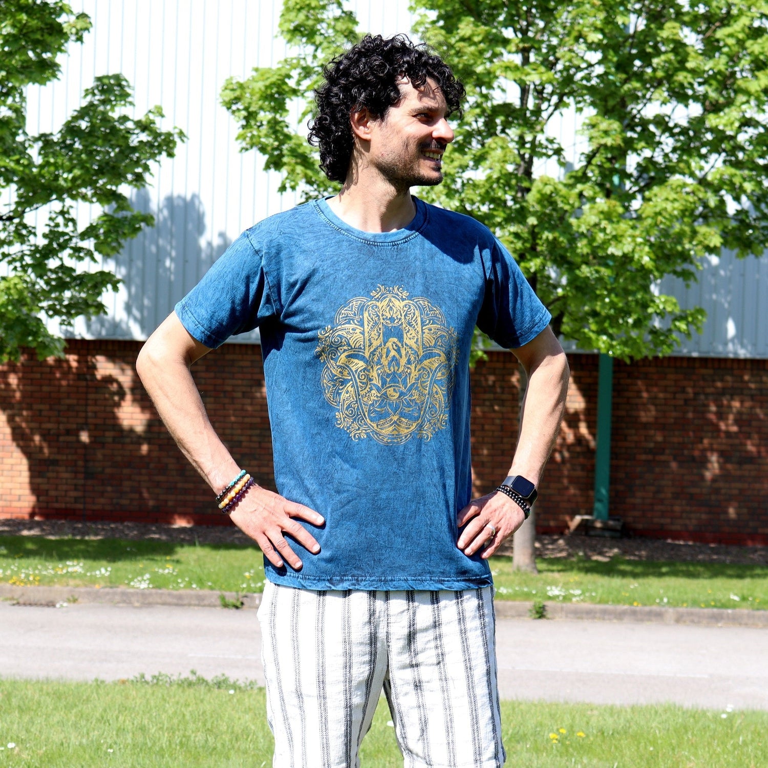 Medium Stone Washed T-Shirt - Hamsa - Blue - SHAMTAM.COM