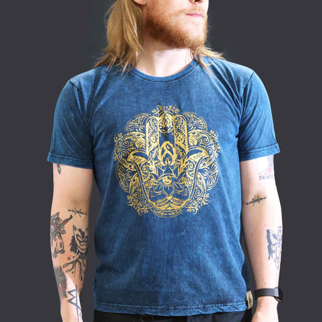 Large Stone Washed T-Shirt - Hamsa - Blue - SHAMTAM.COM