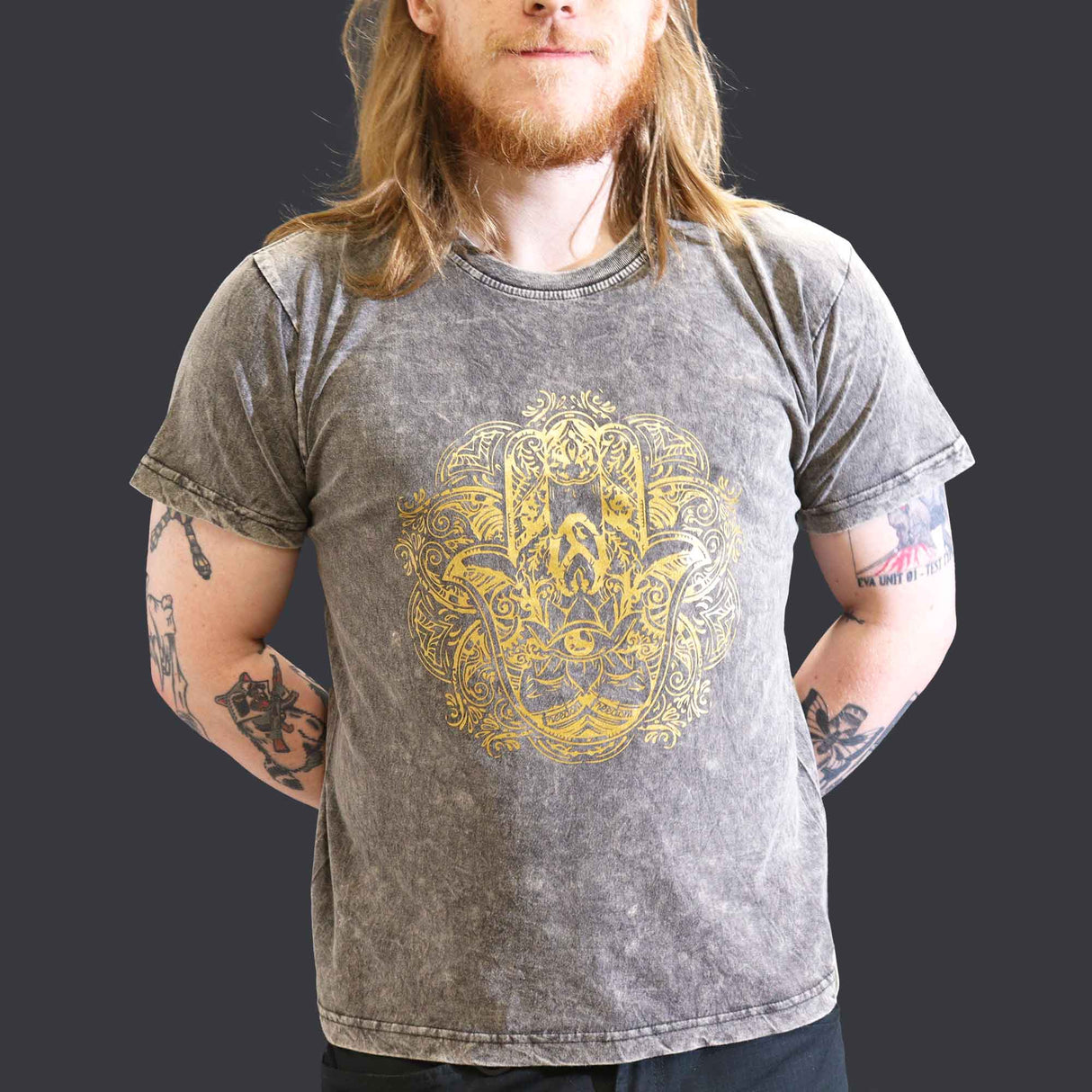 Large Stone Washed T-Shirt - Hamsa - Dark Grey - SHAMTAM.COM