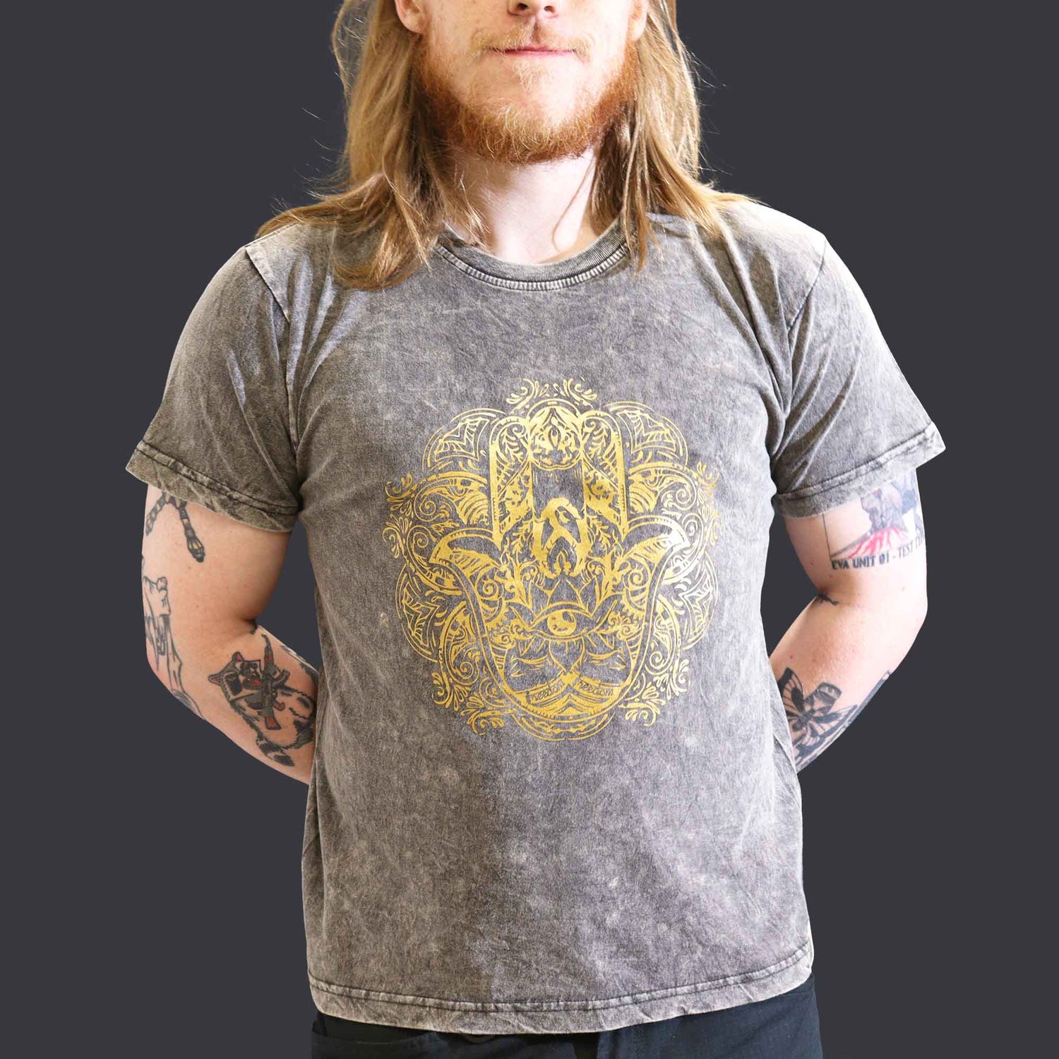 Large Stone Washed T-Shirt - Hamsa - Dark Grey - SHAMTAM.COM