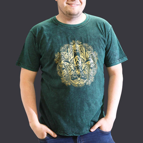 XLarge Stone Washed T-Shirt - Hamsa - Green - SHAMTAM.COM