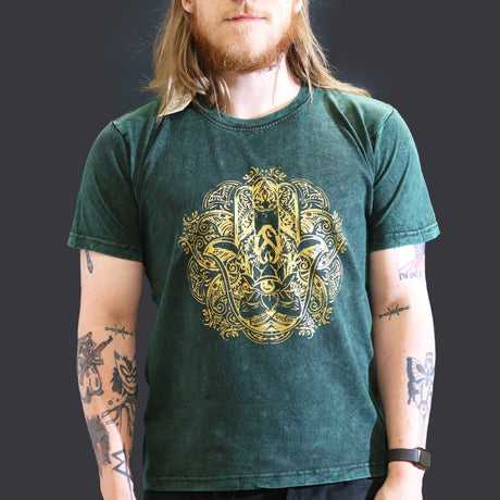 Large Stone Washed T-Shirt - Hamsa - Green - SHAMTAM.COM