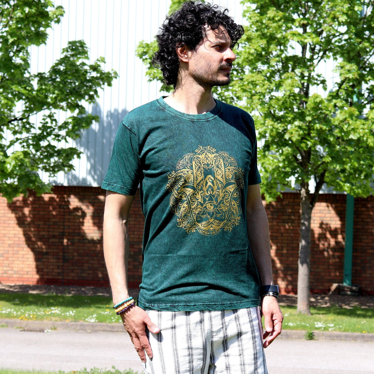 Medium Stone Washed T-Shirt - Hamsa - Green - SHAMTAM.COM
