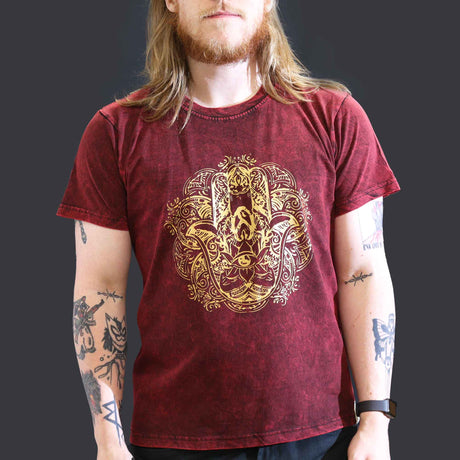 Large Stone Washed T-Shirt - Hamsa - Maroon - SHAMTAM.COM