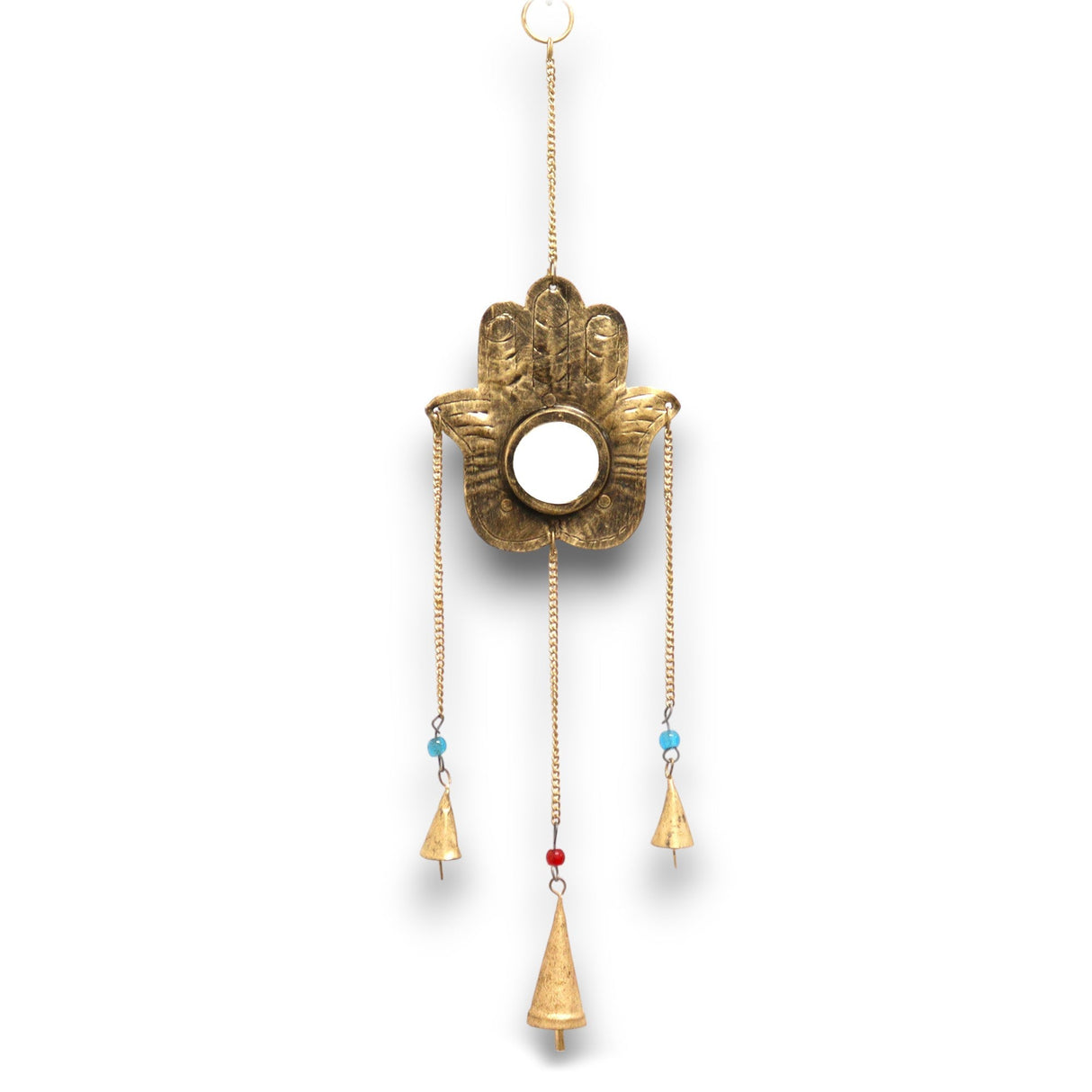 Handcrafted Indian Hamsa Wind Chime with Mirror and Brass Bells for Protection and Serenity - SHAMTAM.COM