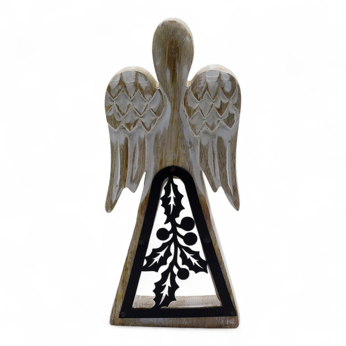 Hand - Carved Mango Wood Angel, Iron Holly Cutout, 18cm - SHAMTAM.COM
