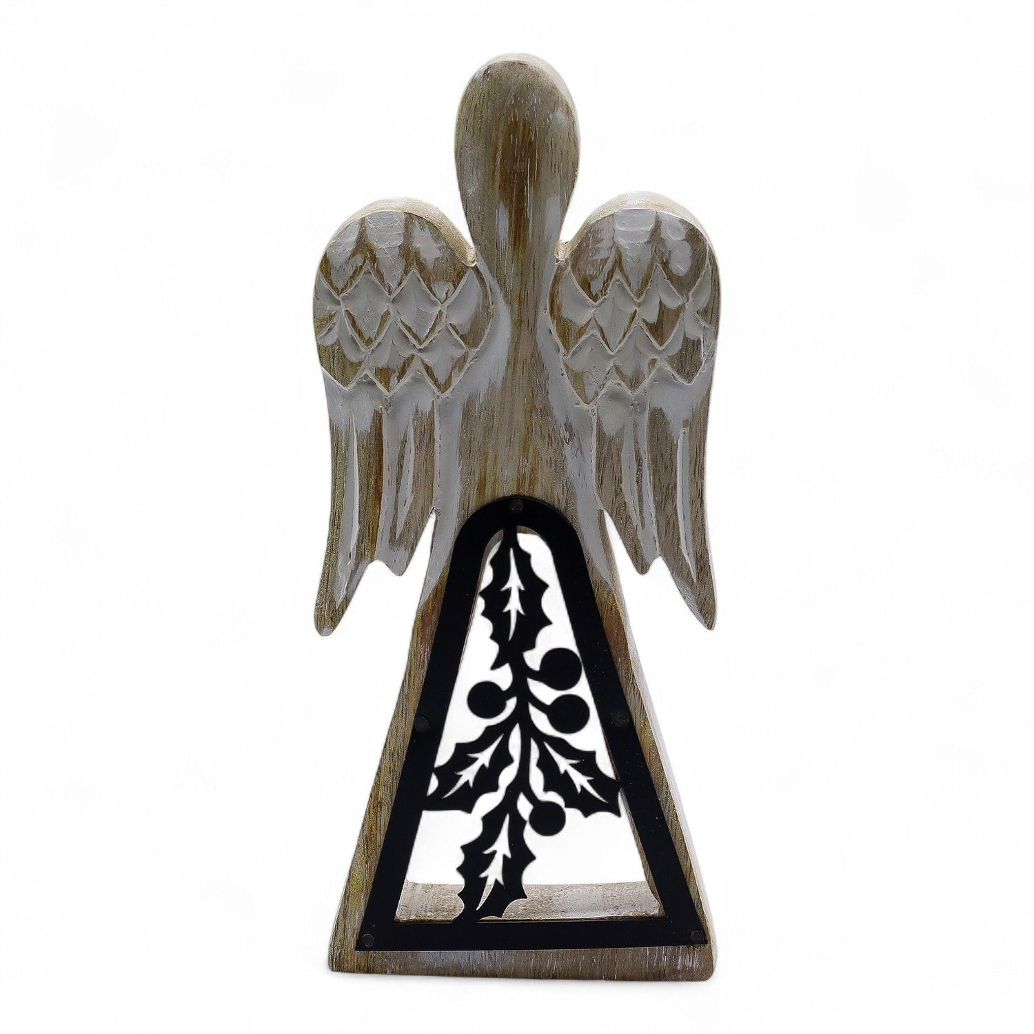 Hand - Carved Mango Wood Angel, Iron Holly Cutout, 18cm - SHAMTAM.COM