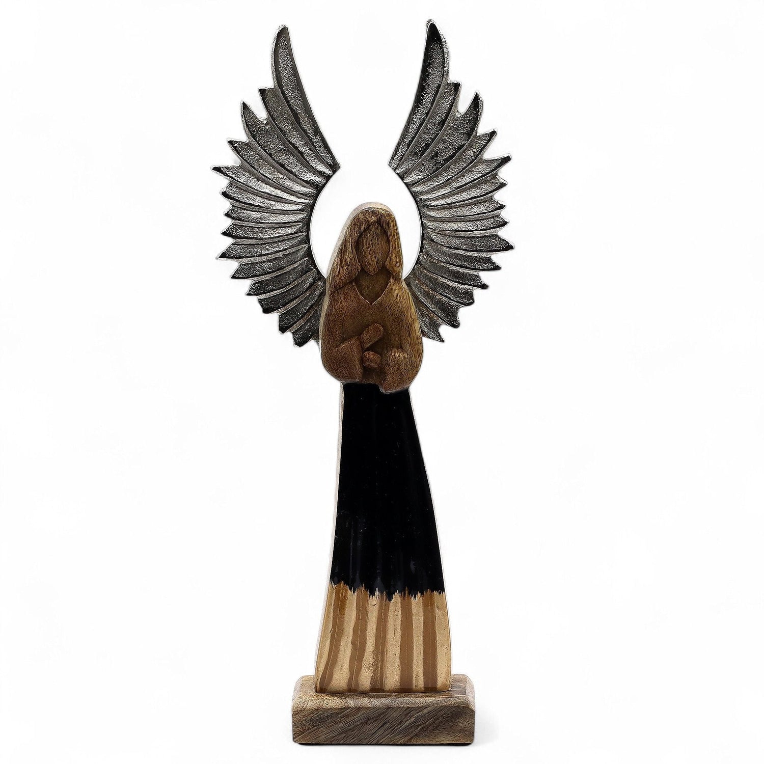 Hand - Carved Mango Wood Guardian Angel Statue, Metal Wings - SHAMTAM.COM