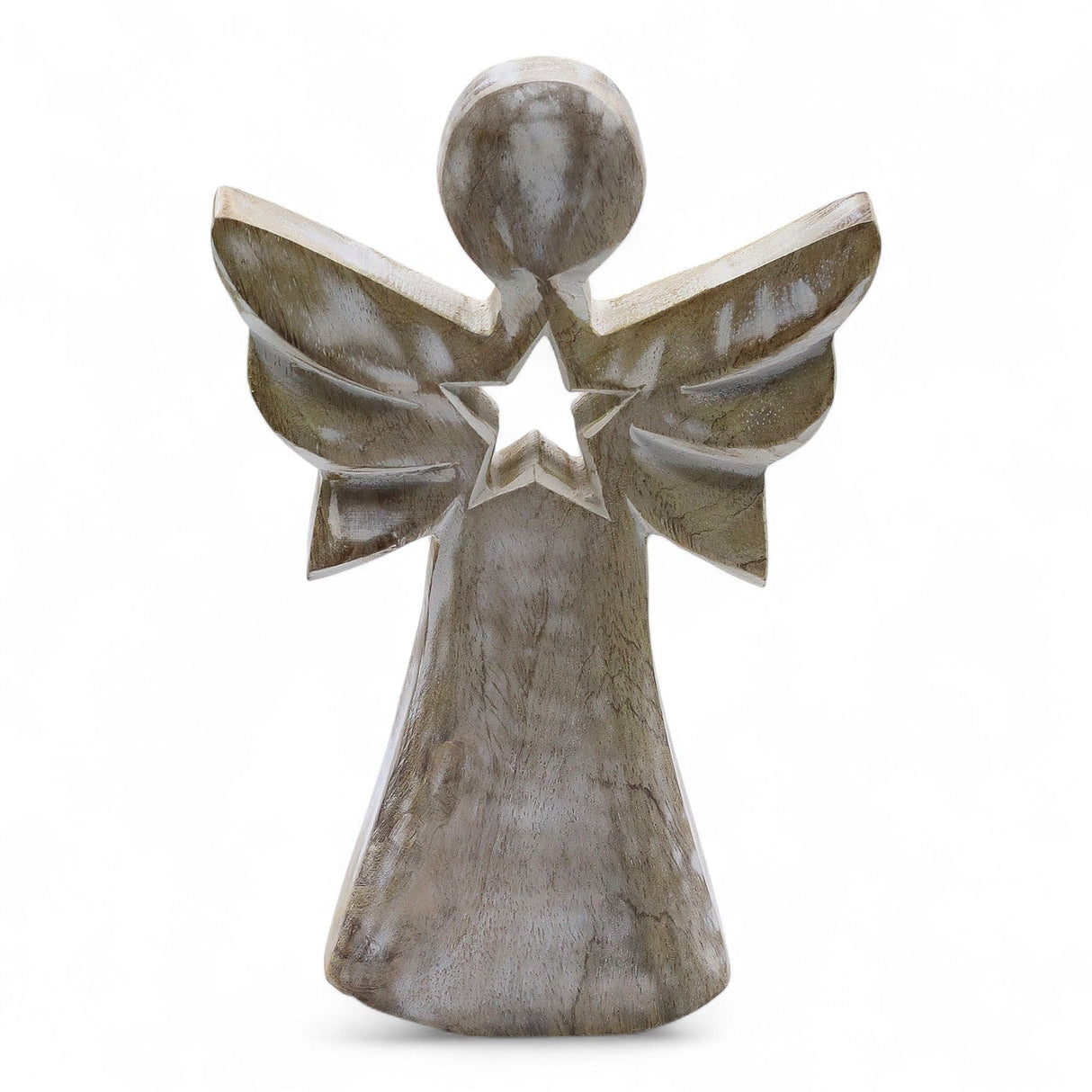 Hand - Carved Whitewashed Mango Wood Angel Figurine, Star Cutout - SHAMTAM.COM