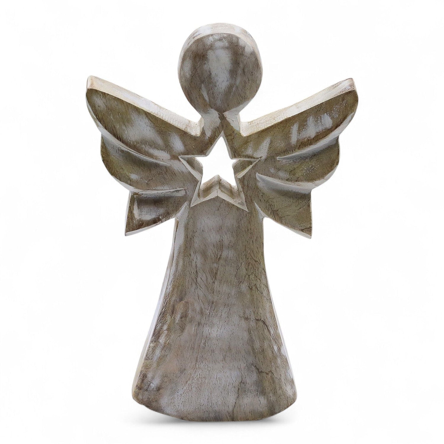 Hand - Carved Whitewashed Mango Wood Angel Figurine, Star Cutout - SHAMTAM.COM