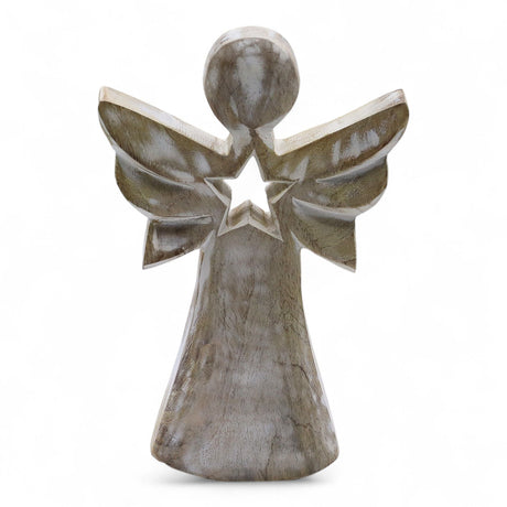 Hand - Carved Whitewashed Mango Wood Angel Figurine, Star Cutout - SHAMTAM.COM