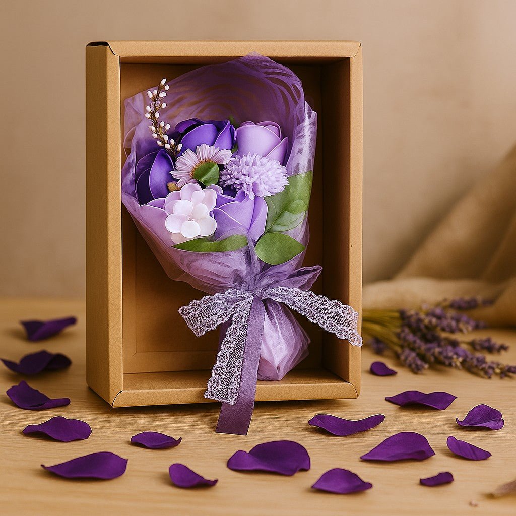 Bouquet of purple flowers in a wooden box with scattered petals on a wooden surface.