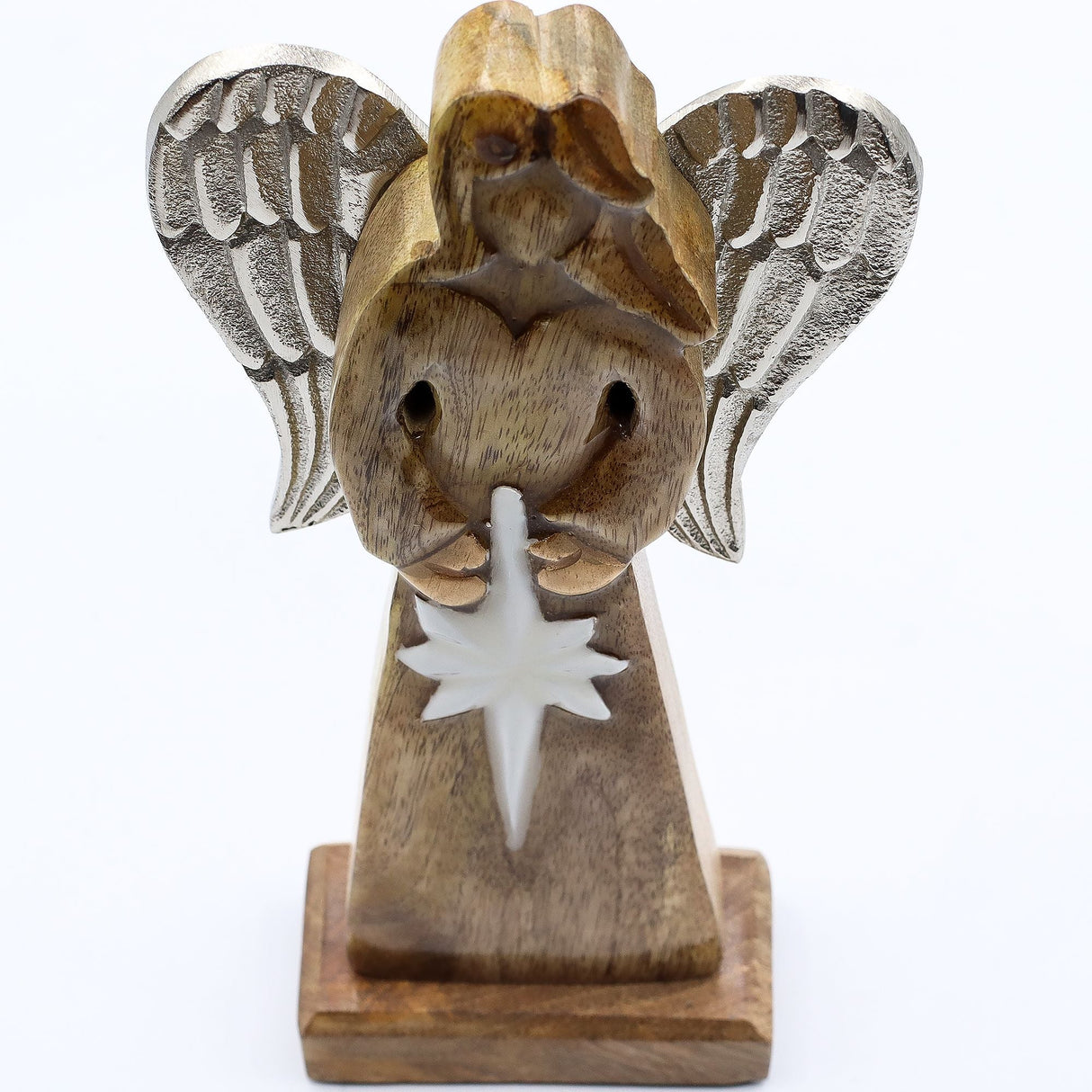 Handcarved Mango Wood Angel with Metal Wings 30cm - SHAMTAM.COM
