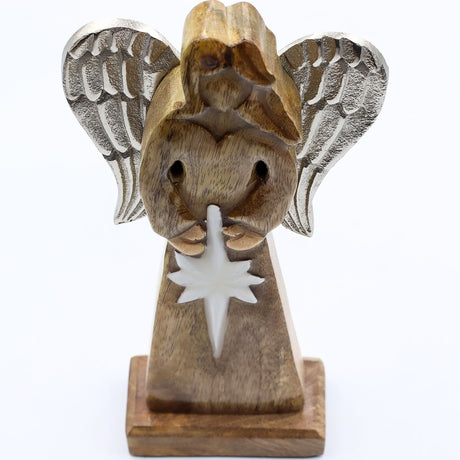 Handcarved Mango Wood Angel with Metal Wings 30cm - SHAMTAM.COM