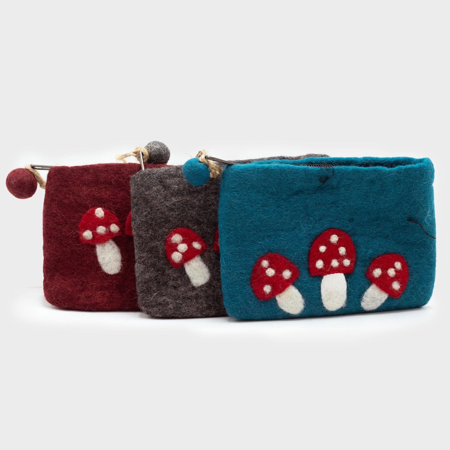 Handmade Natural Felt Zipper Pouch - Wild Mushrooms Design, Deep Red, by Ancient Wisdom, Made in Nepal - SHAMTAM.COM