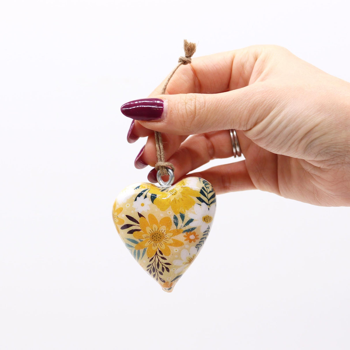 Yellow Floral Heart - Shaped Hanging Ornament - Large Decorative Wood Heart with Glossy Finish - SHAMTAM.COM