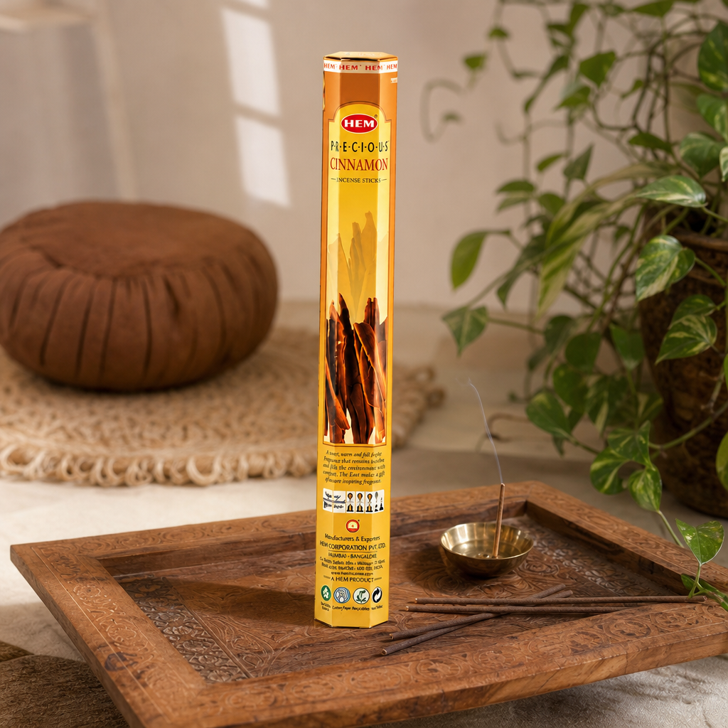 HEM Hexagonal Incense - Precious Cinnamon — styled in a warm, naturally lit interior