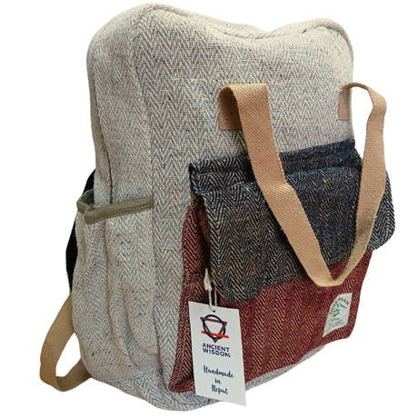 Handmade Hemp Adventure Backpack with Herringbone Pattern - Cream, Dark Blue, and Red - by Ancient Wisdom, Made in Nepal - SHAMTAM.COM