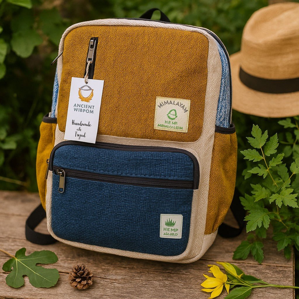 Backpack with labels on a wooden surface with plants in the background