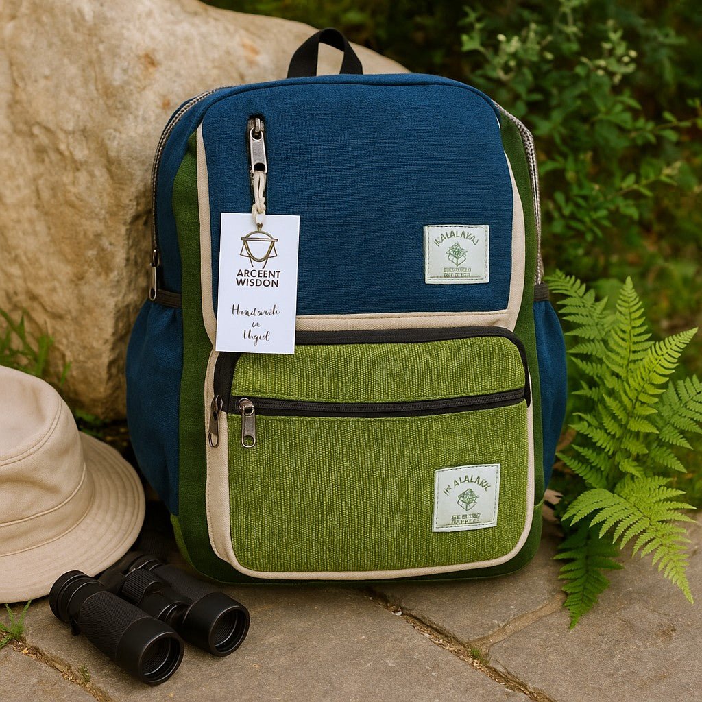 Two-tone blue and green backpack with binoculars and a hat on a stone surface with plants in the background