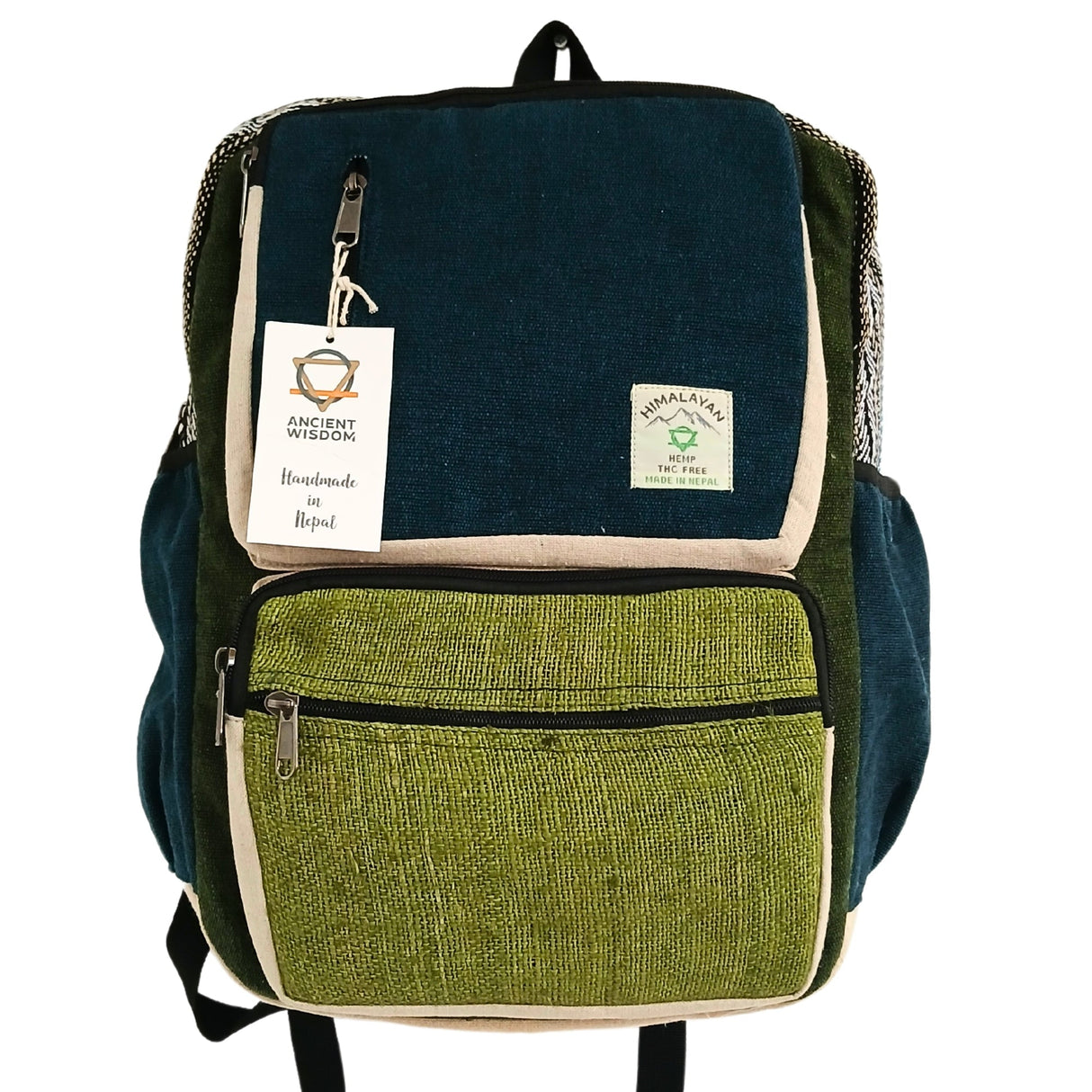 Handmade Teal & Sage Hemp Backpack with Front Zipper Pocket - Eco - Friendly Nepalese Design by Ancient Wisdom - SHAMTAM.COM