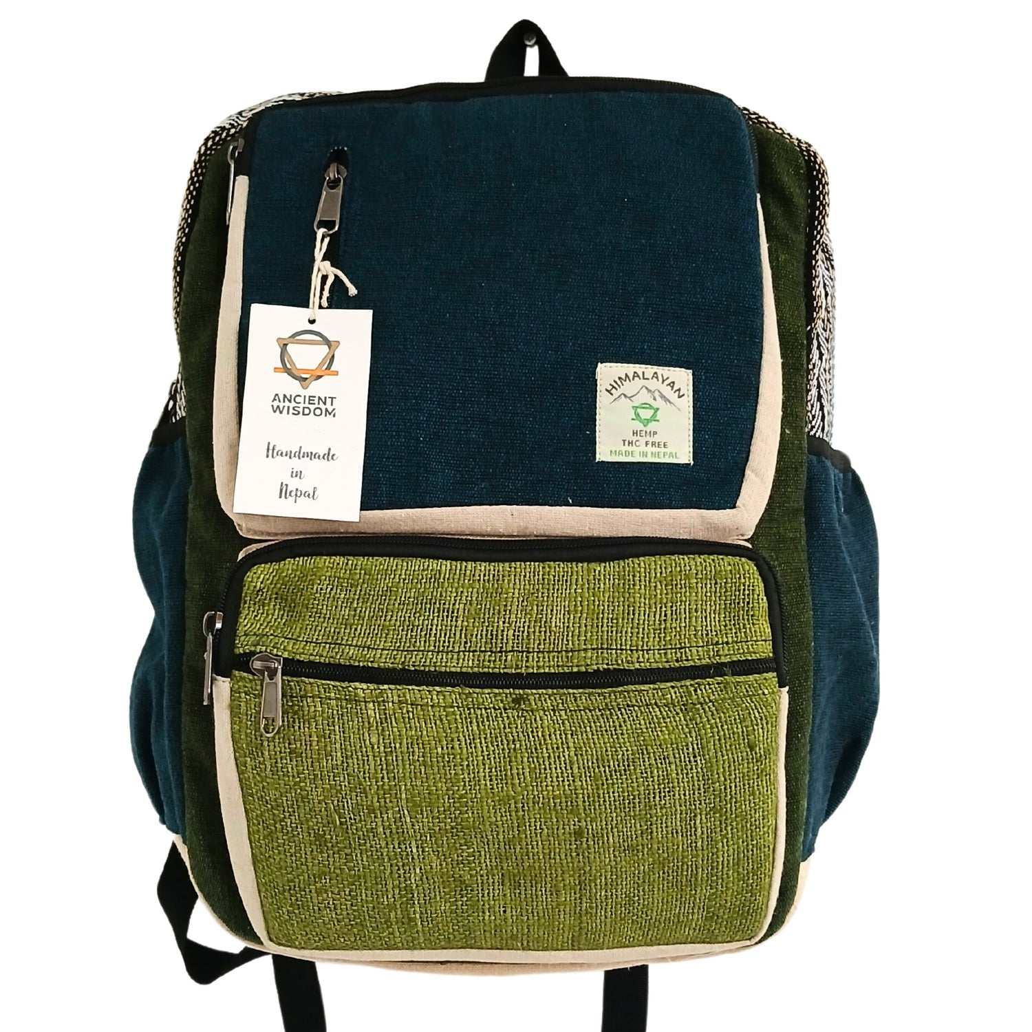 Handmade Teal & Sage Hemp Backpack with Front Zipper Pocket - Eco - Friendly Nepalese Design by Ancient Wisdom - SHAMTAM.COM