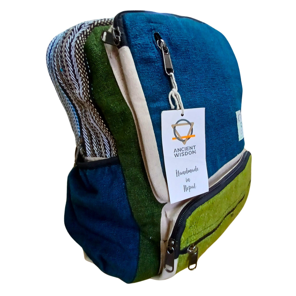 Handmade Teal & Sage Hemp Backpack with Front Zipper Pocket - Eco - Friendly Nepalese Design by Ancient Wisdom - SHAMTAM.COM