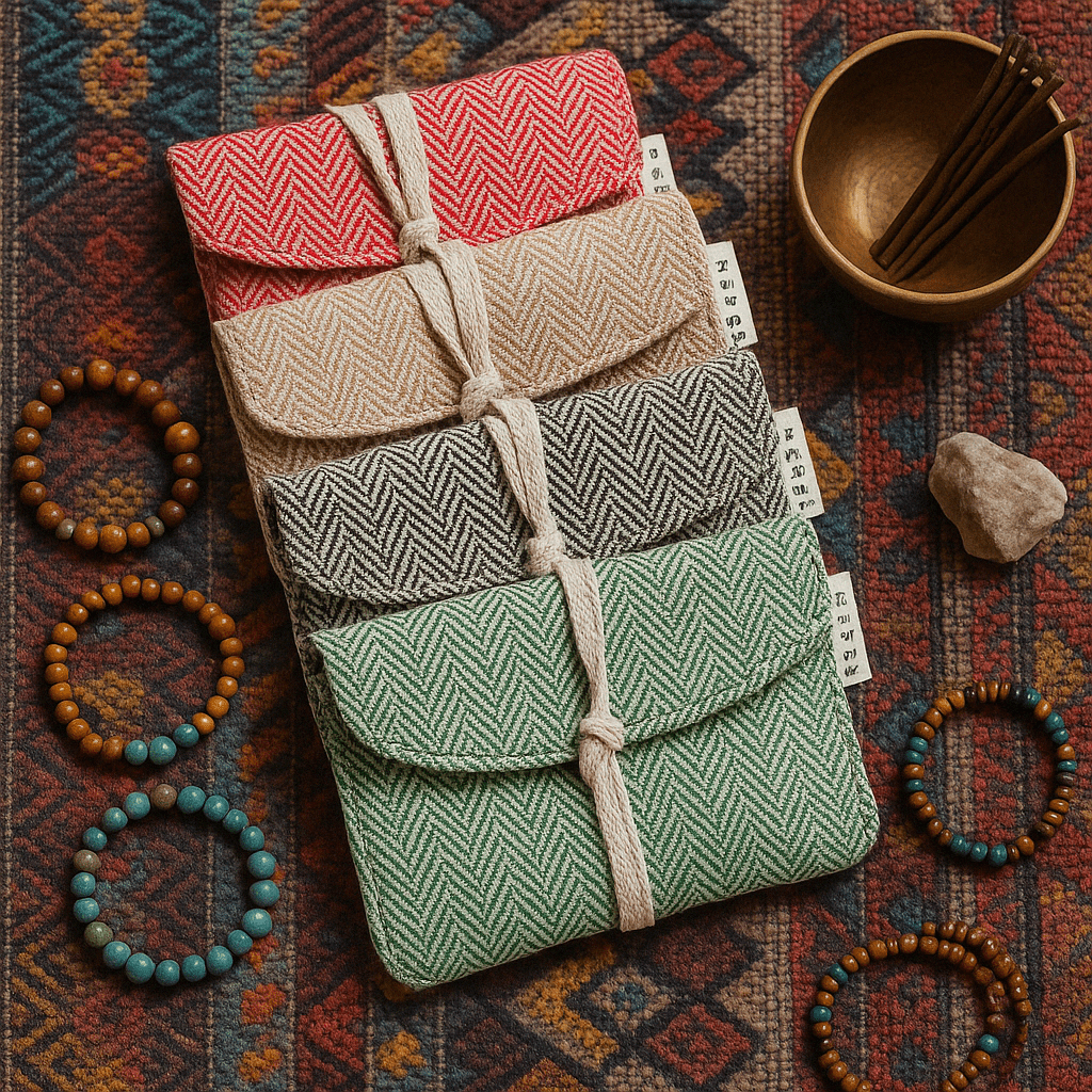 Handcrafted Herringbone Fabric Pouches - Assorted Colors (Red, Beige, Black, Green) - Hemp Phone/Tobacco/Anything Wrap Pouch from Nepal - SHAMTAM.COM