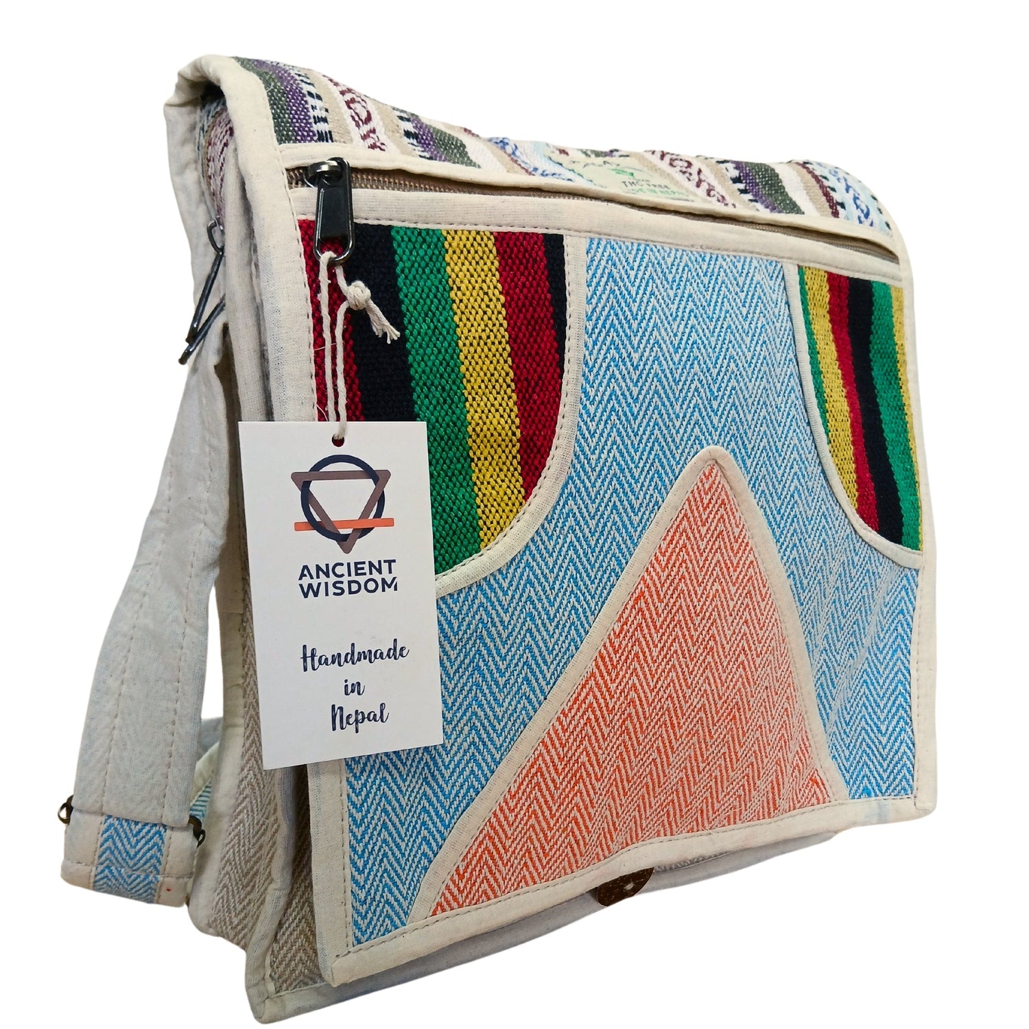 Handcrafted Hemp Laptop Messenger Bag with Geometric Design - Made in Nepal - SHAMTAM.COM