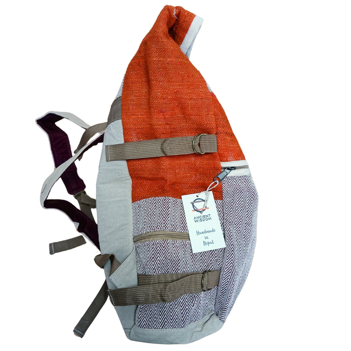 Handmade Hemp Trekking Rolling Backpack in Sunset Orange with Herringbone Pattern - Eco - Friendly and Artisanal Design from Nepal - SHAMTAM.COM