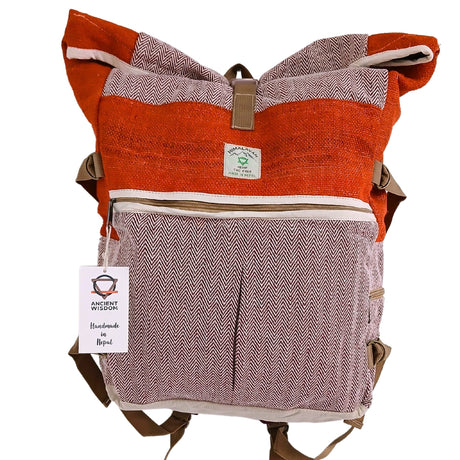 Handmade Hemp Trekking Rolling Backpack in Sunset Orange with Herringbone Pattern - Eco - Friendly and Artisanal Design from Nepal - SHAMTAM.COM