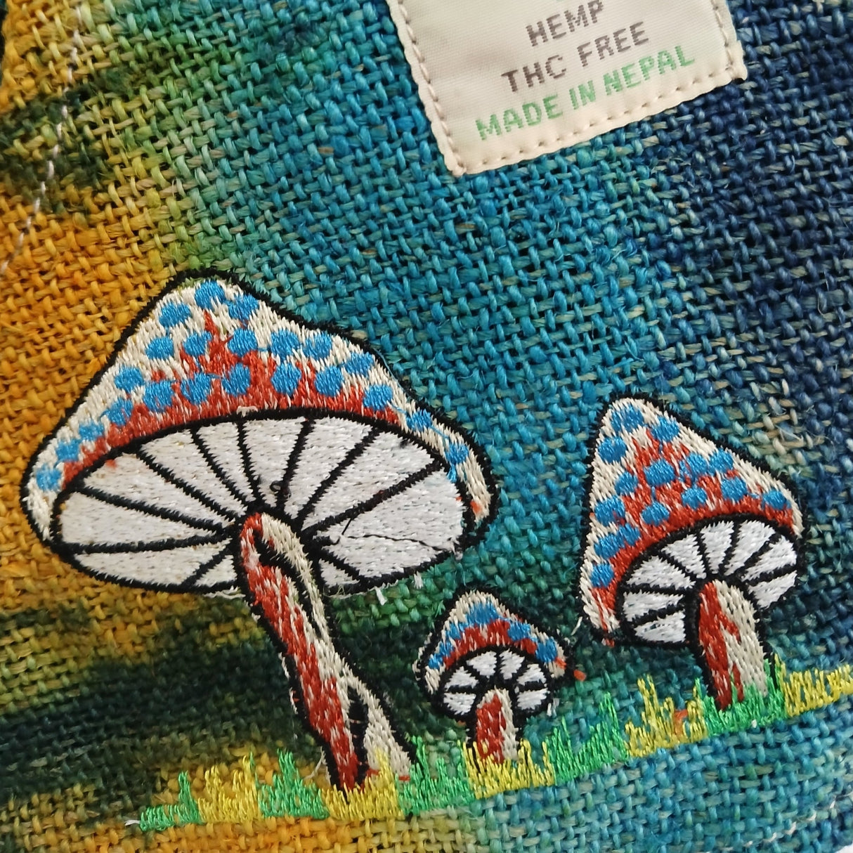 Handmade Hemp Embroidery Mushroom Shoulder Bag - Green Mushrooms Design, THC Free, Made in Nepal - SHAMTAM.COM