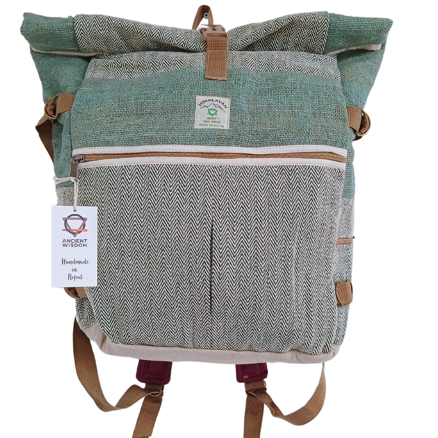 Eco - Friendly Hemp Trekking Roll - Top Backpack in Sage Green with Herringbone Pattern - Handmade in Nepal - SHAMTAM.COM